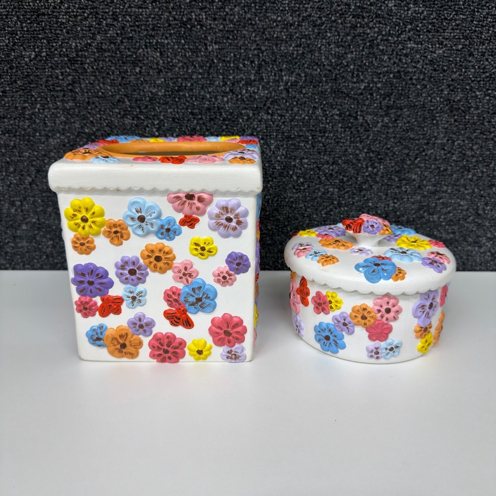 Vintage 1978 Arnel's Ceramic Floral Tissue Box Cover & Trinket Jar Set 70s Decor